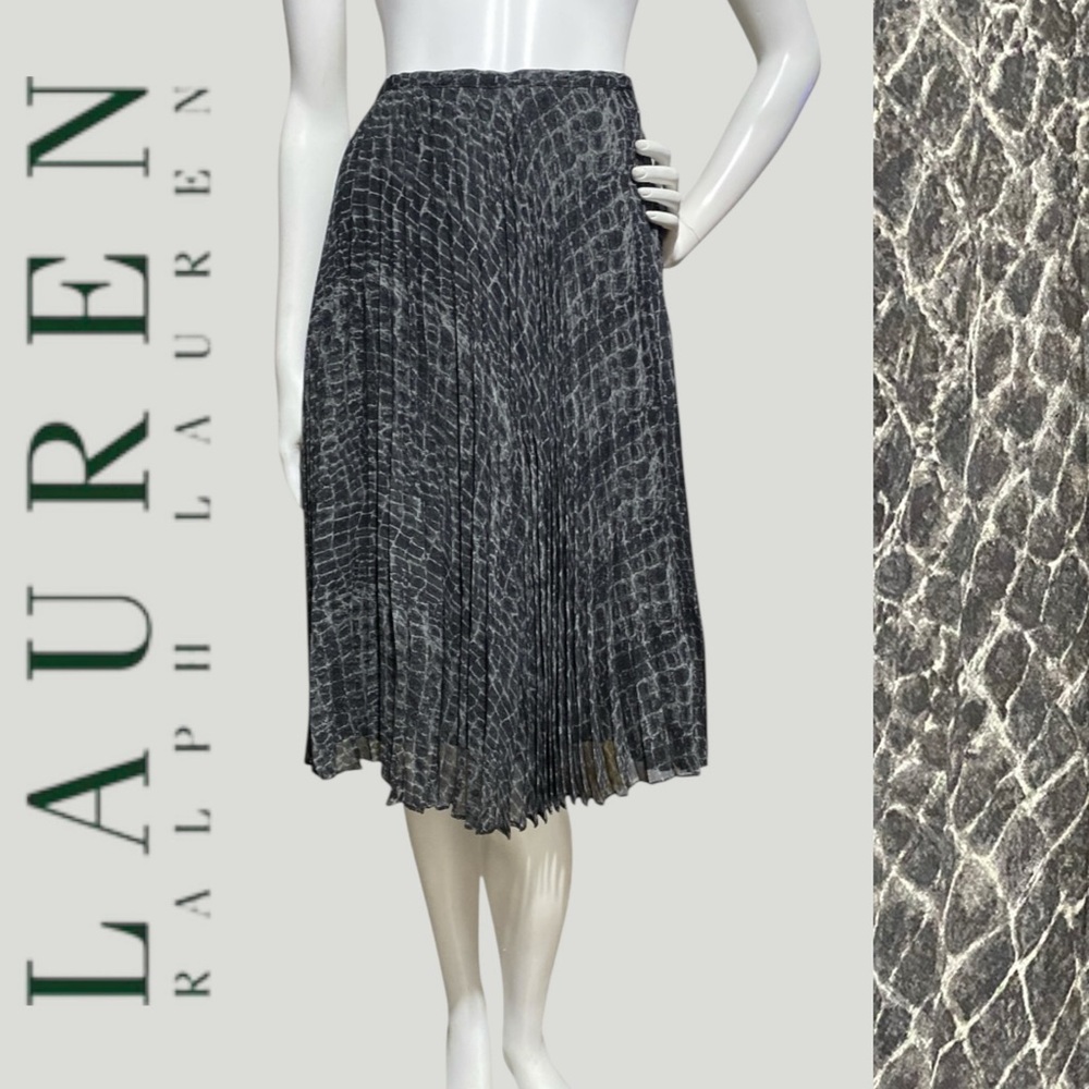 LAUREN RALPH LAUREN Silk Snakeskin Print Pleated Midi Skirt Side Zipper Lined 10